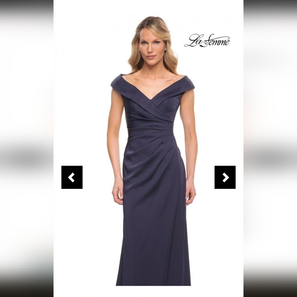 La Femme Deep Navy One-Shoulder Evening Gown